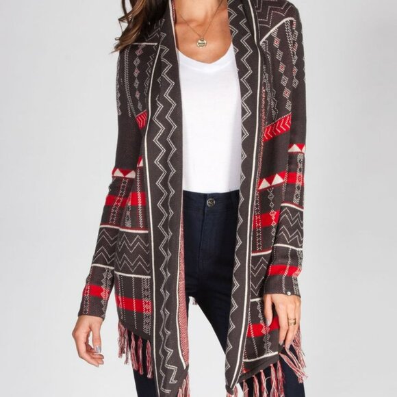 Designers Closet Billabong Cardigan Sweater Women Large Gray Long Tribal Fringe - Picture 1 of 9